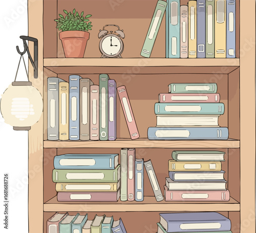 Cozy Bookshelf Illustration: Books Plant Clock and Lantern Warm Tones.