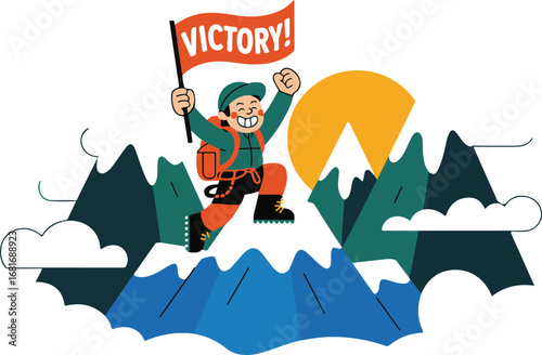 Cartoon Vector Mountain Climber Celebrating Victory at Summit