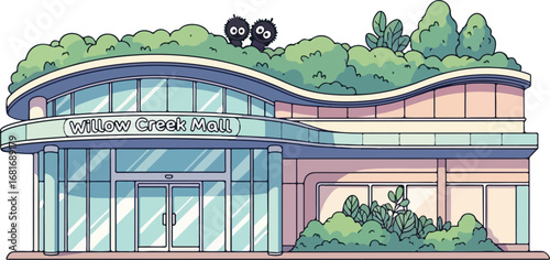 Colorful Cartoon Willow Creek Mall with Lush Rooftop Garden.