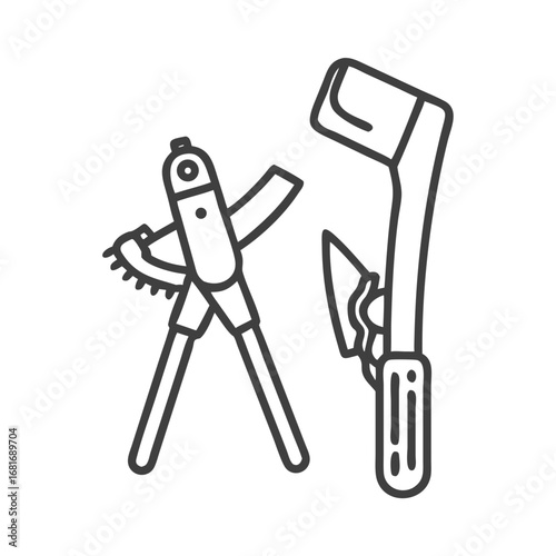 Illustration of construction tools, including a pipe wrench and an axe for various repair and building projects