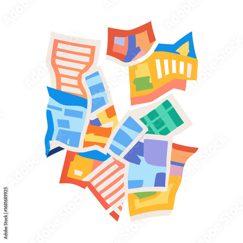 Vector art of colorful pile of abstract documents and papers, representing a creative and disorganized collection of information