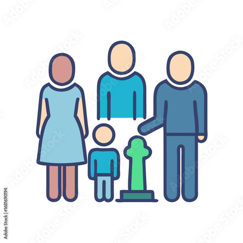 Vector art of family visiting a tombstone in a cemetery, remembering a loved one and honoring their memory