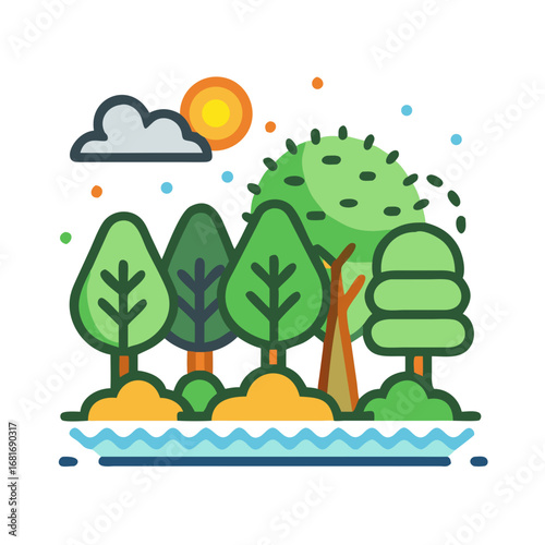 Vector art of colorful cartoon landscape featuring a forest with trees, a river, and a sun with cloud, perfect for childrens illustrations and naturethemed designs