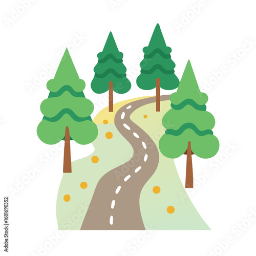 Illustration of a winding road through a lush forest with tall trees, inviting exploration and appreciation of nature