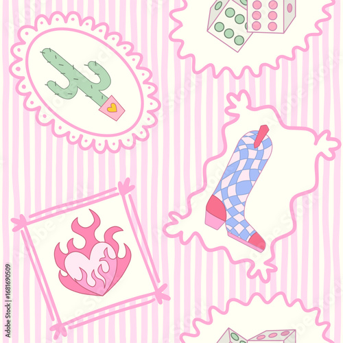 Cowgirl seamless pattern. Cowboy western theme, cactus, cowboy boots, flame heart in girly pink frame. Hand-drawn cartoon print on stripy pink background. Vector wallpaper, t-shirt and wrapping.