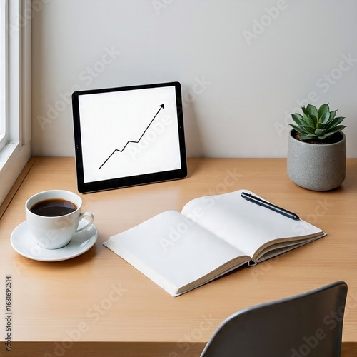 A concept of business success and financial growth shown with a chart on a tablet, accompanied by a notebook and coffee on a clean desk