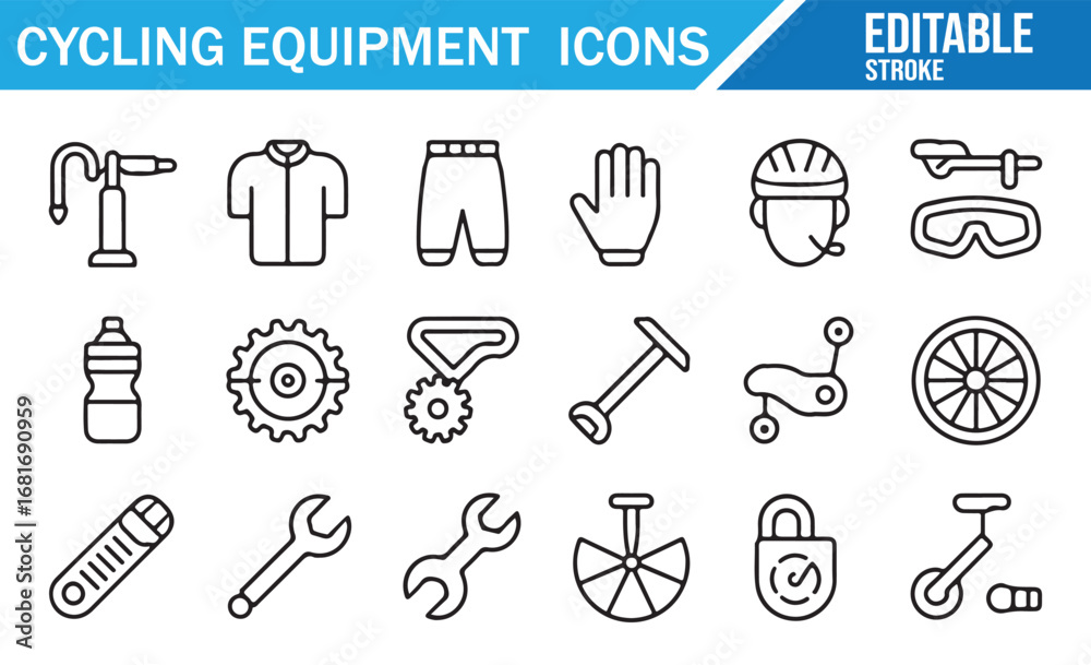 Obraz premium Bicycle and Cycling Equipment Icons Set for Sports and Fitness