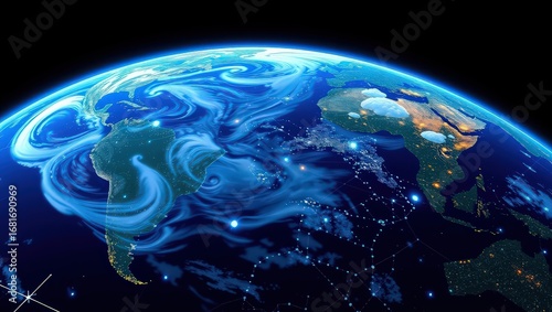  A High-Resolution View of Earth at Night, Showing Cities Lit Up and Digital Networks Glowing Over the Continents