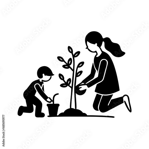 Vector art of a black and white illustration of a mother and child planting a tree together, , symbolizing family and nature