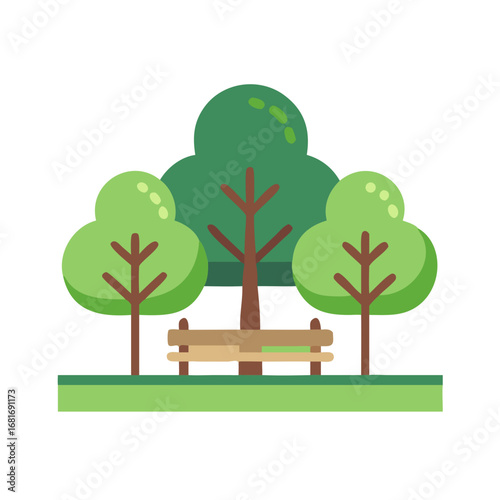Illustration of a serene park scene with trees and a bench, perfect for relaxation and enjoying the beauty of nature