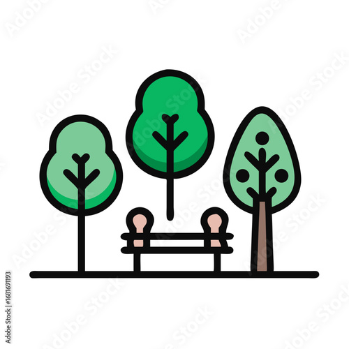 Illustration of a serene park scene with trees and a bench, perfect for relaxation and enjoying the beauty of nature