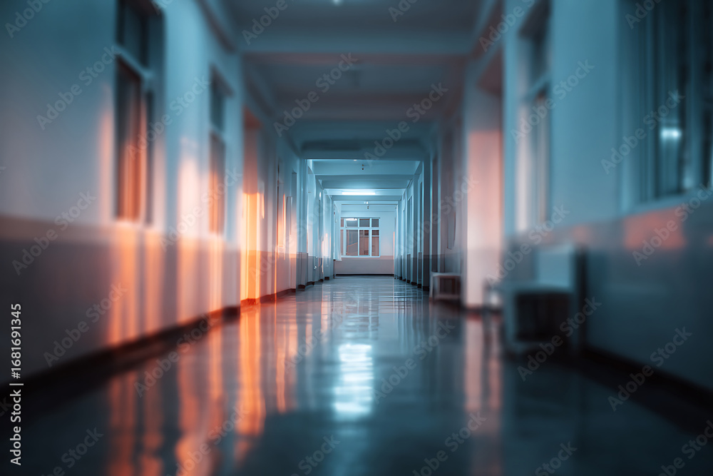 Fototapeta premium Eerie Symmetrical Hallway with Warm Sunset Glow Contrasting Cool Blue Tones
