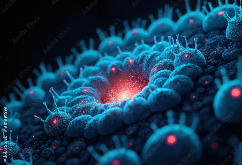 Obraz premium Microscopic Visualization of Viral Particles Interacting with Host Cells in a Vibrant Blue and Red Color Palette