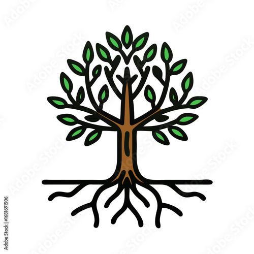 Illustration of a tree with roots and leaves, representing nature, growth, and the cycle of life in a simple design
