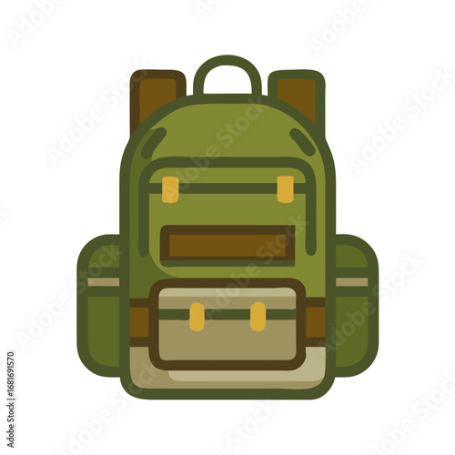 Illustration of a green hiking backpack with brown straps and pockets for outdoor adventures and travel needs