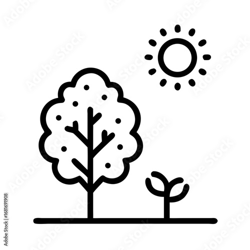 Illustration of a tree with leaves, a small plant, and the sun, representing growth and nature
