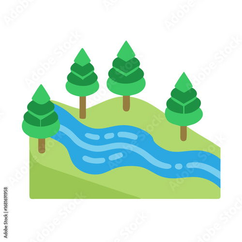 Illustration of a serene landscape featuring a winding river flowing through green hills dotted with trees
