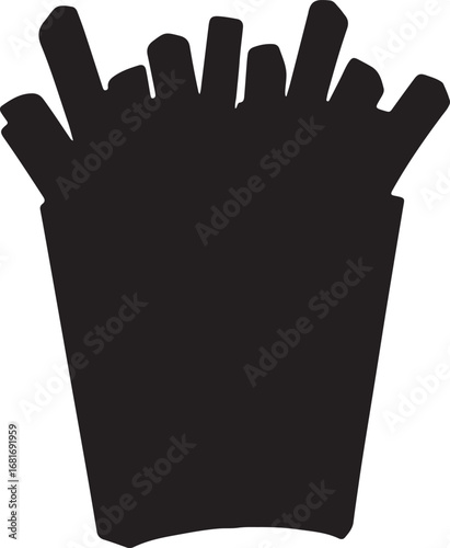 Black and White Silhouette of French Fries in Paper Container Depicting Fast Food Meal and Culinary Symbolism with Simple Yet Eye Catching Design