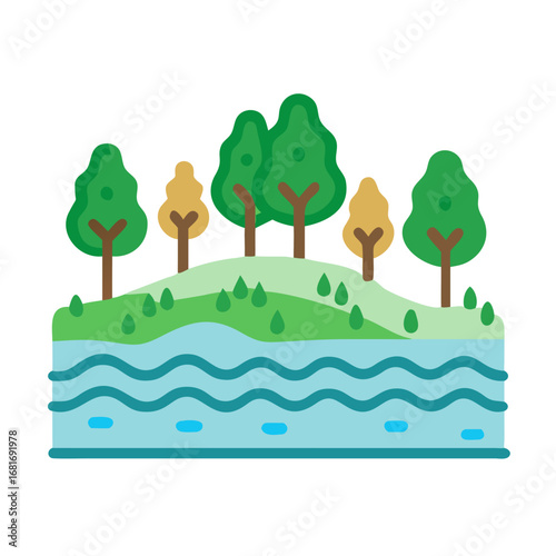 Illustration of a landscape with trees, a hill, and a river the scene is colorful and peaceful