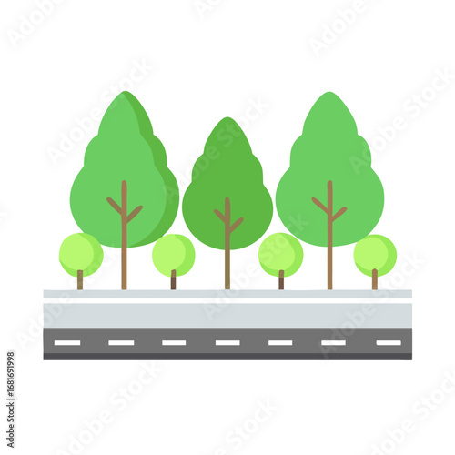 Illustration of a road lined with trees, representing urban nature and transportation