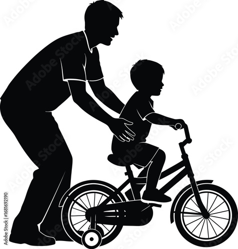 Father teaching child to ride a bicycle, , a silhouette vector illustration of family, love, and learning together