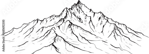 Detailed Black & White Line Vector of Mountain Range with Jagged Peaks
