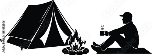A camping scene with a tent and campfire a man is relaxing, enjoying nature, and having a cup of coffee in wilderness