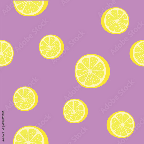Bright yellow lemon slices on a vibrant purple background create a cheerful and playful design