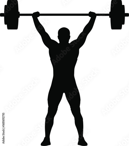 Silhouette of a weightlifter lifting a barbell overhead, representing strength, fitness, and power
