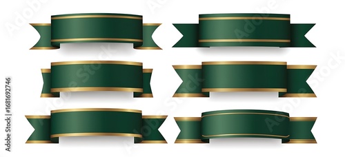 Collection of six luxurious dark green ribbons with elegant golden edges for design use