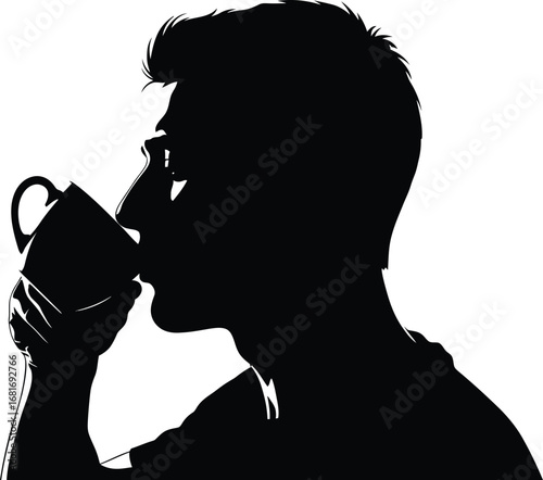 Silhouette of a man drinking coffee from a cup, , enjoying a moment of relaxation and refreshment in a simple, modern style