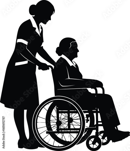 A silhouette of a nurse pushing an elderly woman in a wheelchair, providing care and assistance