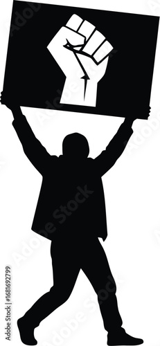 A silhouette of a man raising a fist a sign during a protest, symbolizing power and resistance