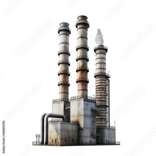 Industrial plant with three tall, rusty chimneys