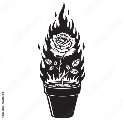 Burning rose in a pot vector illustration depicting fire and growth symbolism