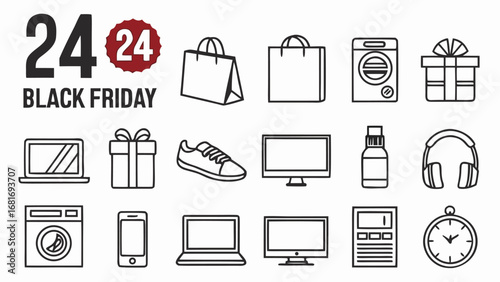 Black Friday Sale Icons Featuring Shopping Bags Gifts Electronics and Appliances discount offer