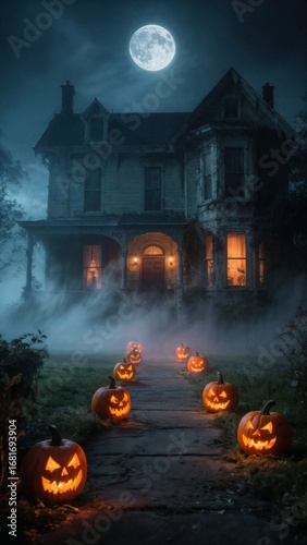 A classic haunted house stands under a bright full moon and a foggy sky. A stone path leading to the porch is lined with glowing jack-o'-lanterns
