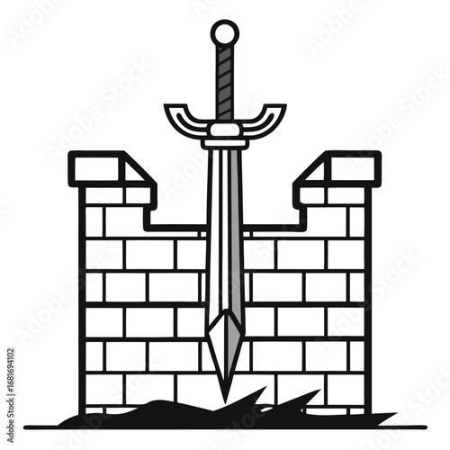 Sword Impaled in a Stone Wall Section with Jagged Ground Below medieval knight