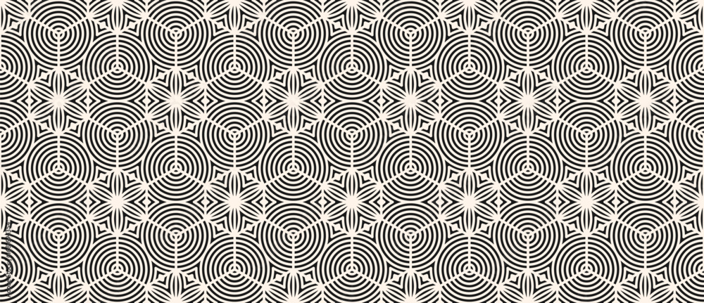 custom made wallpaper toronto digitalVector geometric seamless pattern. Abstract black and white texture with hexagonal grid, curved lines, circles, flower silhouettes, lattice. Floral geo background. Repeating design for decor, fabric