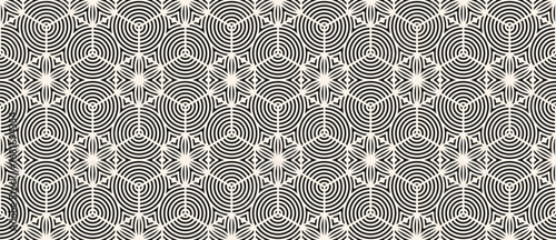 Wallpaper Mural Vector geometric seamless pattern. Abstract black and white texture with hexagonal grid, curved lines, circles, flower silhouettes, lattice. Floral geo background. Repeating design for decor, fabric Torontodigital.ca