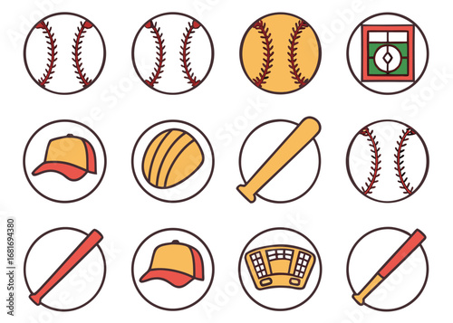 Collection of Baseball Equipment Icons on White Background baseballs baseball bat
