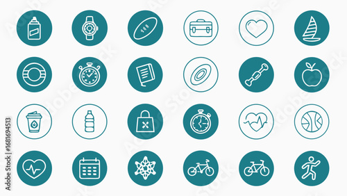 Collection of health and fitness icons in circular frames sport exercise