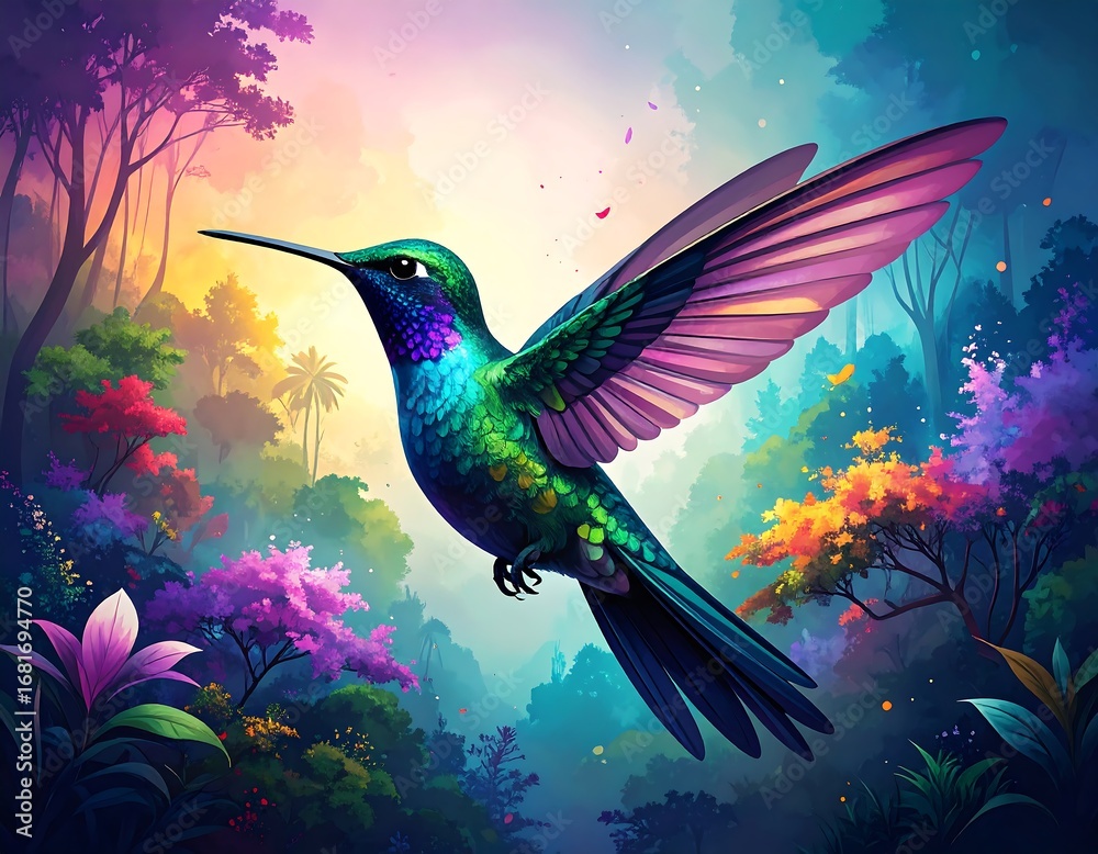 Obraz premium Vibrant hummingbird in flight amidst a colorful, lush rainforest