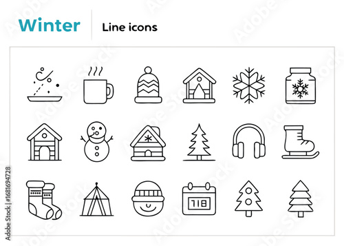 Collection of Winter Themed Line Icons season cold