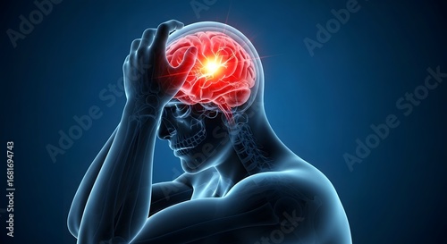 Man suffering from a severe migraine headache. Neurology and chronic pain concept. 3D medical illustration of a person with a painful, inflamed brain.