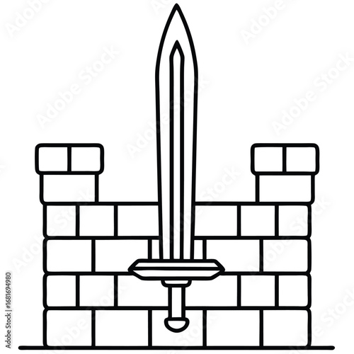 Sword Piercing Through Brick Wall Line Art Symbol medieval weapon