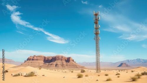 A Communication Tower Standing Tall in a Vast, Arid Desert Landscape, Symbolizing Remote Connectivity and Modern Technology in an Isolated Area