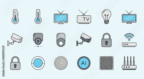 Colorful icon pack illustrating smart home technology and Internet of Things concepts like automation, surveillance, and wireless connectivity