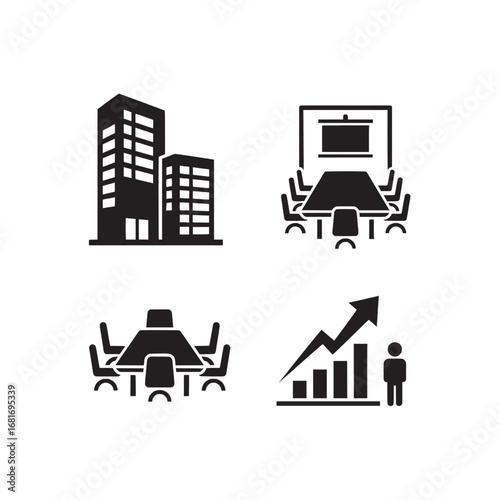 A set of solid glyph icons depicting the corporate journey from company headquarters and boardroom meetings to successful business growth and presentation