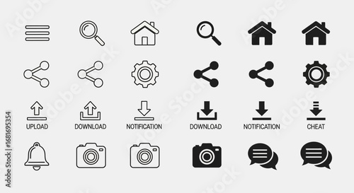 A comprehensive collection of modern user interface vector icons, ideal for web and mobile app design, featuring essential digital symbols for navigation, actions, and communication elements